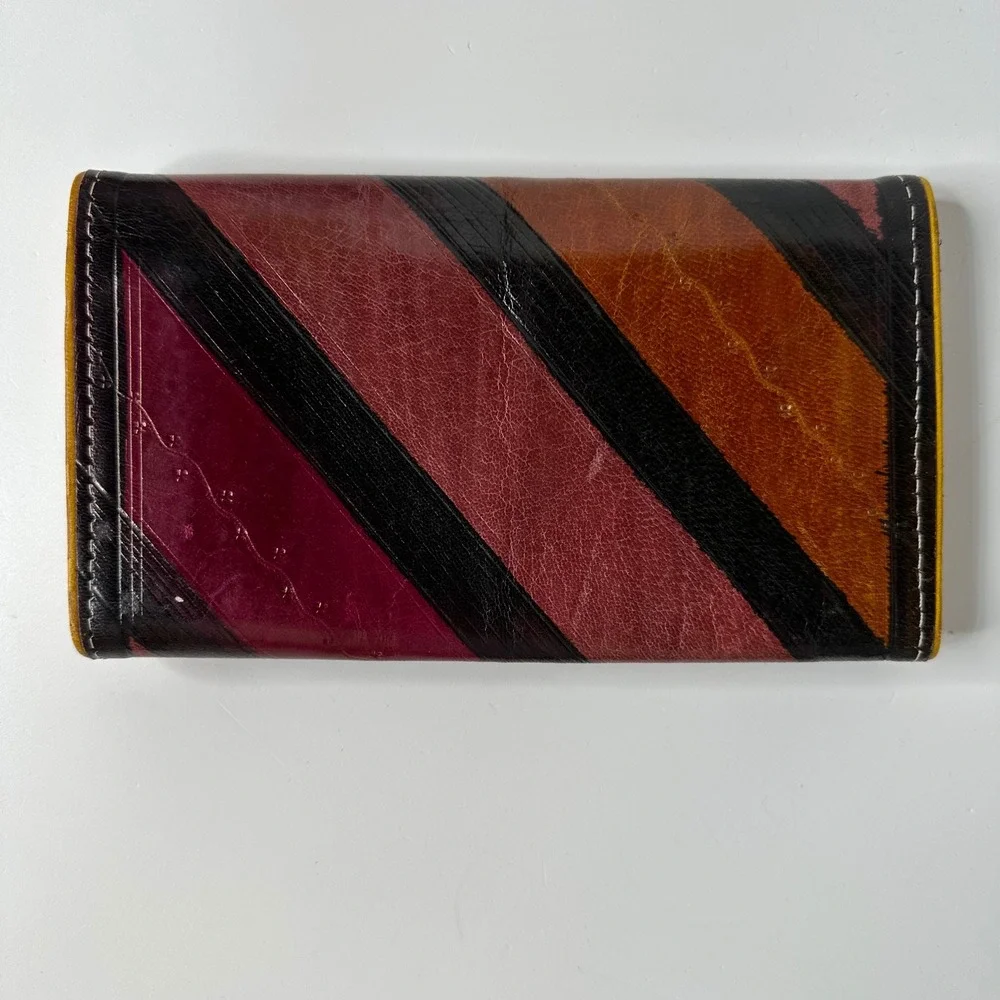 Vintage Leather Wallet Diagonal Stripe Clutch Burgundy Brown Boho Indie